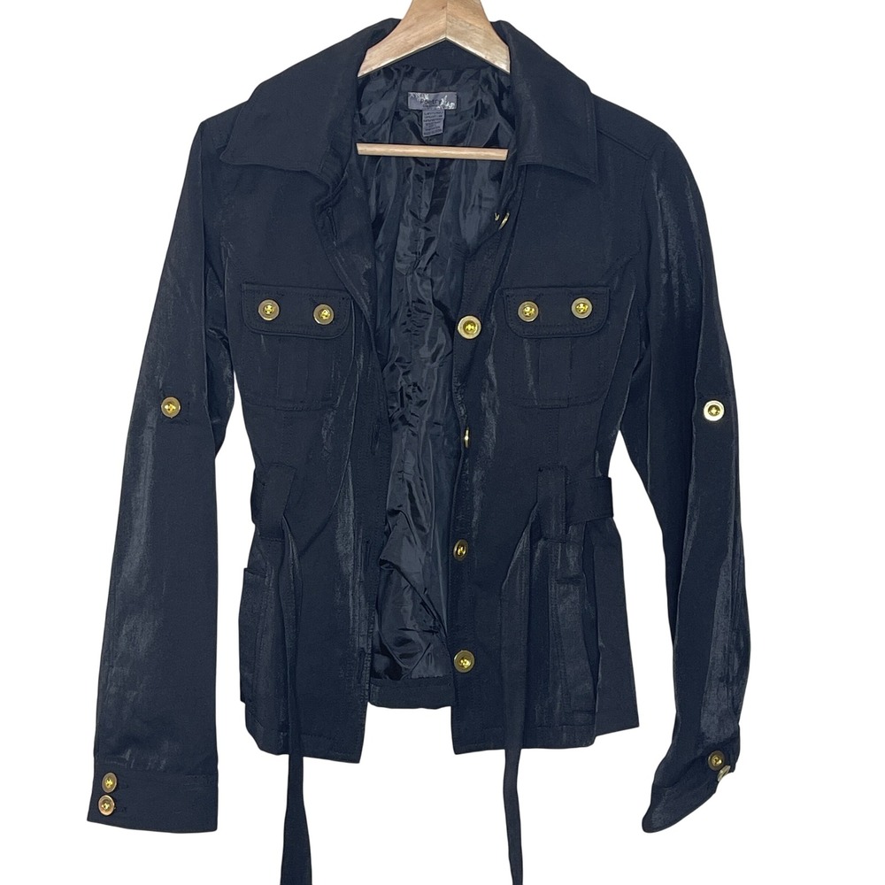 Poetry Clothing Women's Black Utility Belted Jacket Gold Buttons Size L